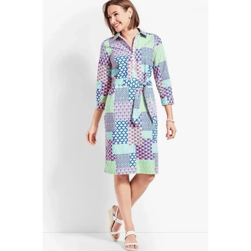 Talbots Island Patchwork Button Up Blue Pink Floral Shirt Dress Size 16 No Belt